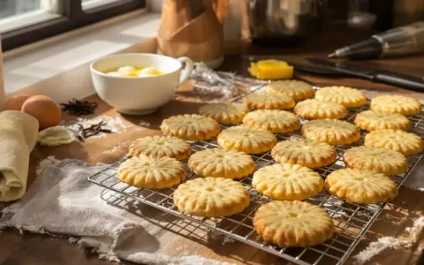 Délicieux biscuit avec blanc d'oeuf uniquement, parsemé de farine sur une grille. Des ingrédients frais sont prêts pour la pâtisserie.