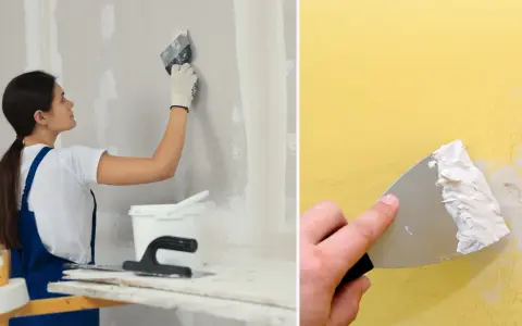 En person använder spackel och spackelspade för att jämna ut en vägg. Efter spackling kan sandpapper användas för en slät finish.