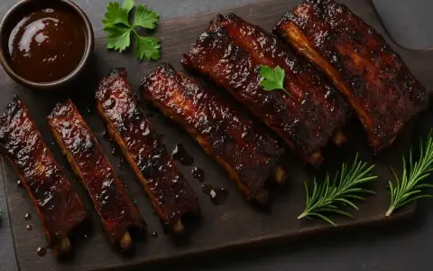 Délicieux ribs de porc laqués, servis sur une planche en bois avec une sauce barbecue et des herbes fraîches.