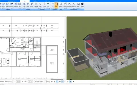 3D-Modell eines Hauses mit Grundriss. Ein Anbau und eine Garage sind sichtbar. Der 3m grenzabstand nicht eingehalten.