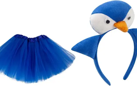 Disfraz de pingüino con tutú azul y diadema de pintacaras pinguino.
