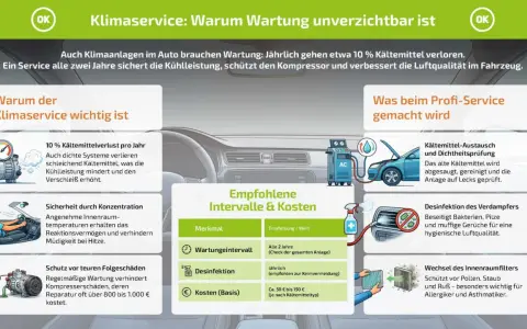 Infografik erklärt, was bedeutet AC im Auto: Klimaservice schützt vor Kältemittelverlust, sichert Konzentration & teure Reparaturen. Wartung alle 2 Jahre empfohlen.