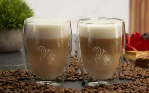 Zwei Latte Macchiato im Glas, umgeben von Kaffeebohnen. Ein typischer Latte Macchiato hat ca. 250-300 ml.