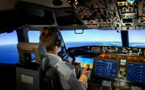 Pilota in cabina di pilotaggio, con schermi e comandi. Chissà quanto guadagna un pilota di aerei per gestire un volo così complesso.