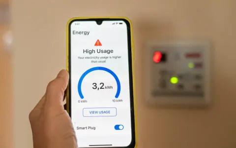 Un teléfono muestra cómo se mide el consumo eléctrico con 3,2 kWh y alerta de alto uso.