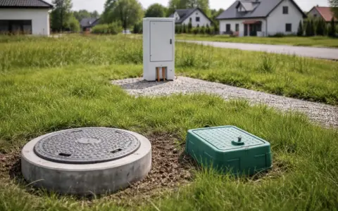 Na trawiastym podwórku widać betonowy właz i zieloną skrzynkę, a w tle białą szafę techniczną. To elementy infrastruktury, które tworzą **strefy ochronne** wokół domów.