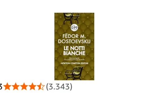 Copertina del libro "Le Notti Bianche" di Fëdor M. Dostoevskij, con un prezzo speciale e un'illustrazione di panchine.