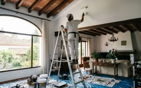 Persona en escalera aplica pintura blanca en techo, parte de un proyecto de alisado de paredes.