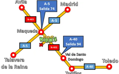 Mapa de carreteras con el zoo Koki en Maqueda, indicando rutas desde Ávila, Madrid, Talavera de la Reina y Toledo.