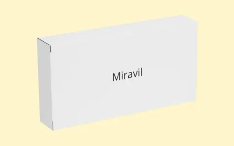 Białe pudełko z napisem "Miravil" na jasnym, żółtym tle.