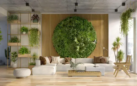 Un salon moderne avec un mur végétal circulaire, une étagère remplie de plantes et des suspensions. Une excellente idée déco plante interieur pour un espace zen.