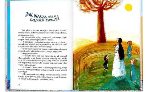 Nasza mama czarodziejka szuka złodzieja cienia. Ilustracja z książki przedstawia mamę i dzieci patrzące w górę na drzewo i słońce.
