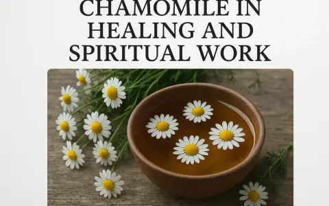 Chamomile flowers float in a wooden bowl of tea, symbolizing peace and healing. The chamomile spiritual meaning is often associated with calm and gentle energy.