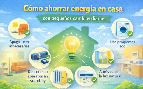 Guía visual para saber como ahorrar luz en casa: apaga luces, desconecta aparatos, usa programas eco, aprovecha luz natural.