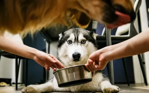 Husky z niebieskimi oczami czeka na jedzenie. Dwie ręce trzymają miskę, pokazując, jak podawać Bentoactiv.