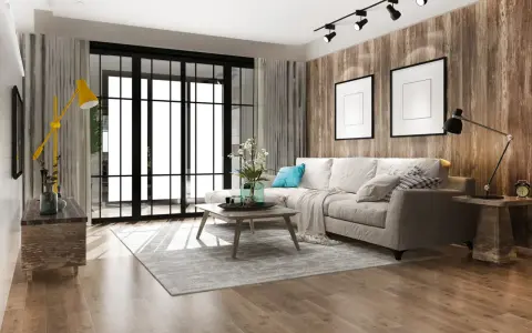 Soggiorno accogliente con divano beige, tavolino in legno e lampada gialla. Un esempio di come arredare casa con poco, creando stile e comfort.