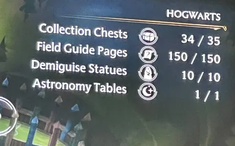 Pantalla de menú de Hogwarts Legacy mostrando el progreso de los cofres de colección, páginas de guía de campo, estatuas de desilusión y mesas de astronomía.