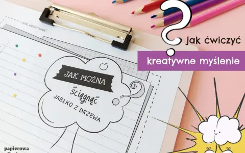 Ćwiczenia na kreatywne myślenie dla dzieci: "Jak można ściągnąć jabłko z drzewa?". Kolorowe kredki i chmurka z buźką zachęcają do zabawy.