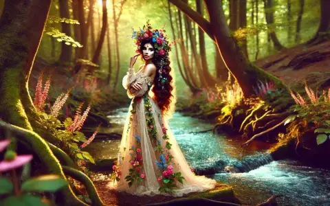 Eine Nymphe, die die Bedeutung von Natur und Schönheit verkörpert, steht in einem blumenbedeckten Kleid an einem Bach im Wald.