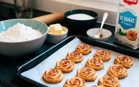 Douze biscuits dorés en forme de rose des sables sur une plaque de cuisson, entourés d'ingrédients pour la pâtisserie.