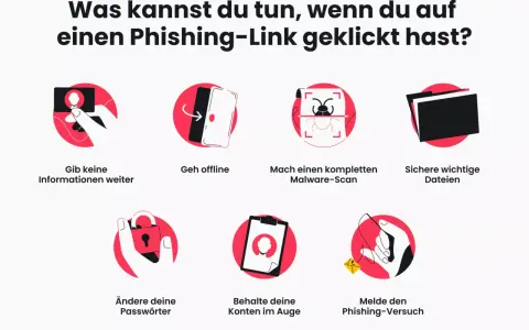 Grafik zeigt, was nach einem Klick auf einen Phishing-Link zu tun ist: keine Infos weitergeben, offline gehen, Malware-Scan, Dateien sichern, Passwörter ändern, Konten prüfen, Versuch melden.