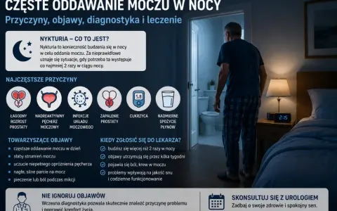 Nykturia, czyli częste oddawanie moczu w nocy, może mieć różne przyczyny: łagodny rozrost prostaty, nadreaktywny pęcherz, infekcje, zapalenie prostaty, cukrzyca, nadmierne spożycie płynów.