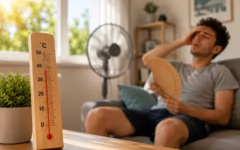 Termometro segna alta temperatura. Uomo accaldato cerca sollievo con ventaglio e ventilatore, mostrando come rinfrescare casa.