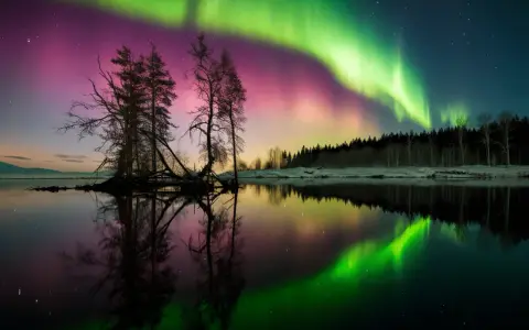 Une aurore boréale spectaculaire illumine le ciel de verts et de roses au-dessus d'un lac calme reflétant le paysage et les arbres dénudés.