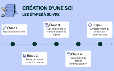 Schéma illustrant les étapes de création d'une SCI : rédaction des statuts, dépôt de capital, publication, constitution du dossier et enregistrement.