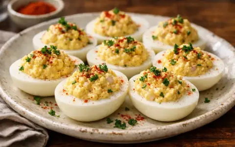 Plate of delicious oeufs mimosa, garnished with paprika and parsley.