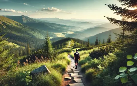 Młody turysta wędruje kamienistym szlakiem przez zielone wzgórza. Piękne trasy trekkingowe Polska czekają na odkrycie.