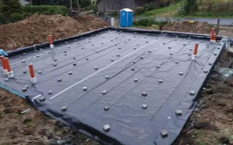 Fundament budowlany z folią i rurami. Widać małe kostki, które służą jako dystanse do zbrojenia, zapewniając odpowiednią grubość otuliny betonu.