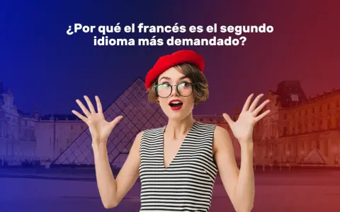 Joven con boina roja y gafas, sorprendida ante el Louvre. El texto pregunta sobre el origen del francés y su demanda.