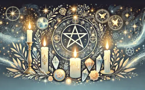 Płonące świece, kryształy i pentagram na tle magicznych symboli i gwiazd.