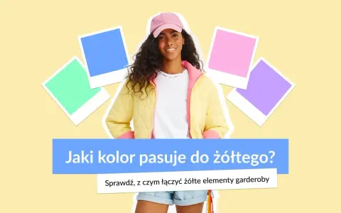 Uśmiechnięta dziewczyna w żółtej kurtce i różowej czapce. Obok kolorowe kwadraty. Jaki kolor pasuje do złotego? Sprawdź, z czym łączyć żółte elementy garderoby.