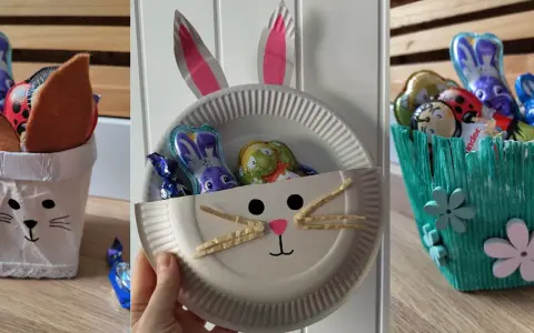 Schnelles Ostern basteln: Drei süße Osterkörbchen aus Papptellern und Stoffresten, gefüllt mit Schokoladenhasen und -eiern.