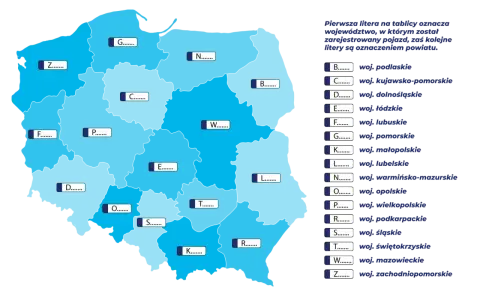 Mapa Polski z oznaczeniami województw i powiatów, klucz do ksu rejestracja.