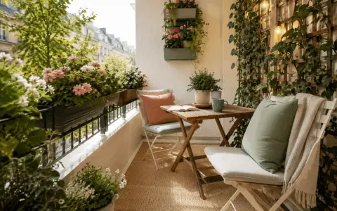Un angolo relax con fiori colorati, un tavolino e sedie, perfetto per ispirare idee balconi arredati con stile e natura.