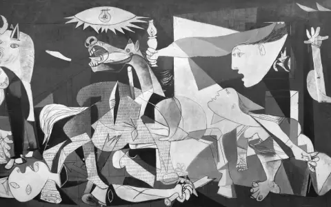 Picasso's Guernica, a powerful and controversial art piece, depicts the horrors of war with a bull, a screaming horse, and anguished figures.