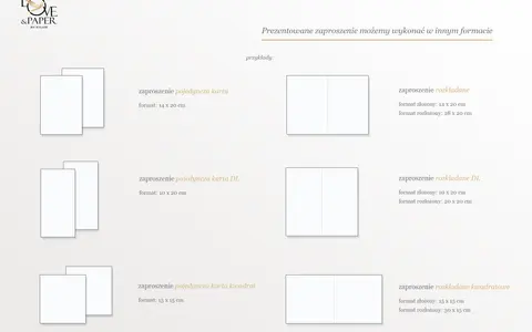 Przykłady zaproszeń ślubnych: pojedyncza karta (14x20 cm), DL (10x20 cm), kwadrat (15x15 cm) oraz rozkładane w różnych wymiarach.