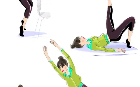 Illustrations de femmes pratiquant le renforcement musculaire : pont, étirements et exercices avec chaise.