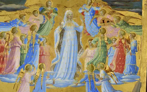 Tableau assomption de la vierge. La Vierge Marie, entourée d'anges musiciens, s'élève vers le ciel dans une gloire dorée.