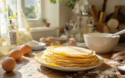 Pile de crêpes dorées saupoudrées de sucre glace, avec des œufs et de la farine sur la table. Une recette de crepe sans oeuf facile à réaliser.