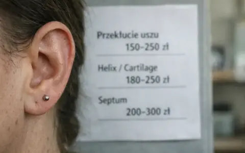 Cennik przekłuć: ucho 150-250 zł, helix 180-250 zł, septum 200-300 zł.