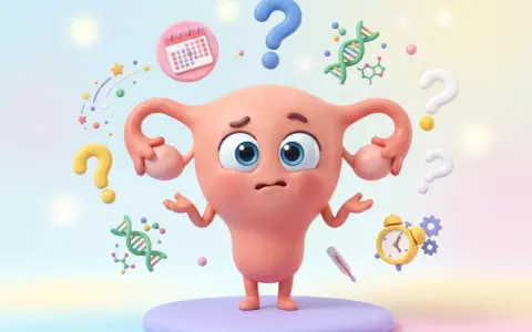 Útero de dibujos animados con expresión de confusión, rodeado de signos de interrogación, un calendario, ADN y un termómetro. ¿Cuánto puede retrasarse la regla?