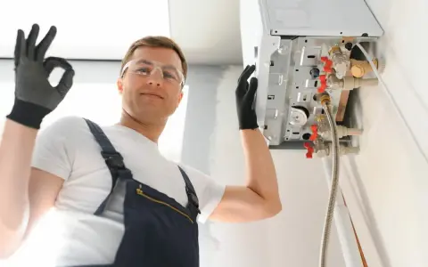 Installazione caldaia a condensazione risparmio energetico. L'installatore fa il segno OK.