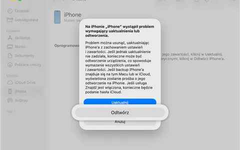 Komunikat o błędzie na iPhonie, który wymaga uaktualnienia lub odtworzenia. Aby rozwiązać problem, kliknij "Uaktualnij" lub "Odtwórz", aby odblokować iPhone'a.