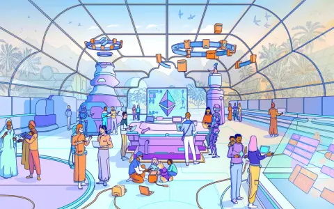 Ludzie w futurystycznym centrum technologicznym dyskutują o kryptowalutach, w tym o tym, czym jest ERC20.