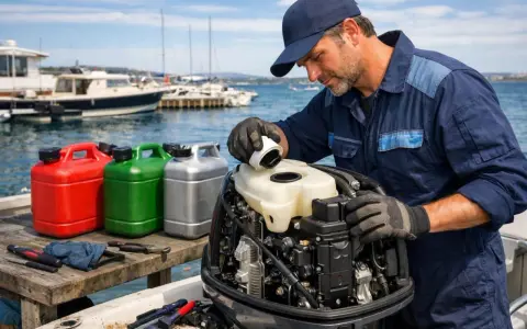 Mécanicien remplissant un moteur hors-bord avec de l'essence 95 ou 98. Bidons de carburant rouges, verts et argentés à proximité.