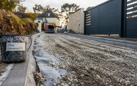 Un seau étiqueté "Allée carrossable" attend sur le chantier. Le gravier est prêt pour la construction de la nouvelle voie d'accès.